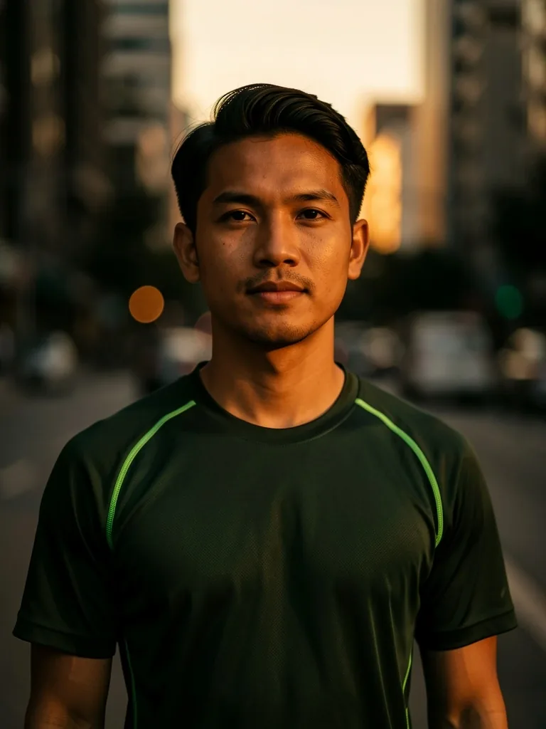 Indonesian man in an urban setting at golden hour