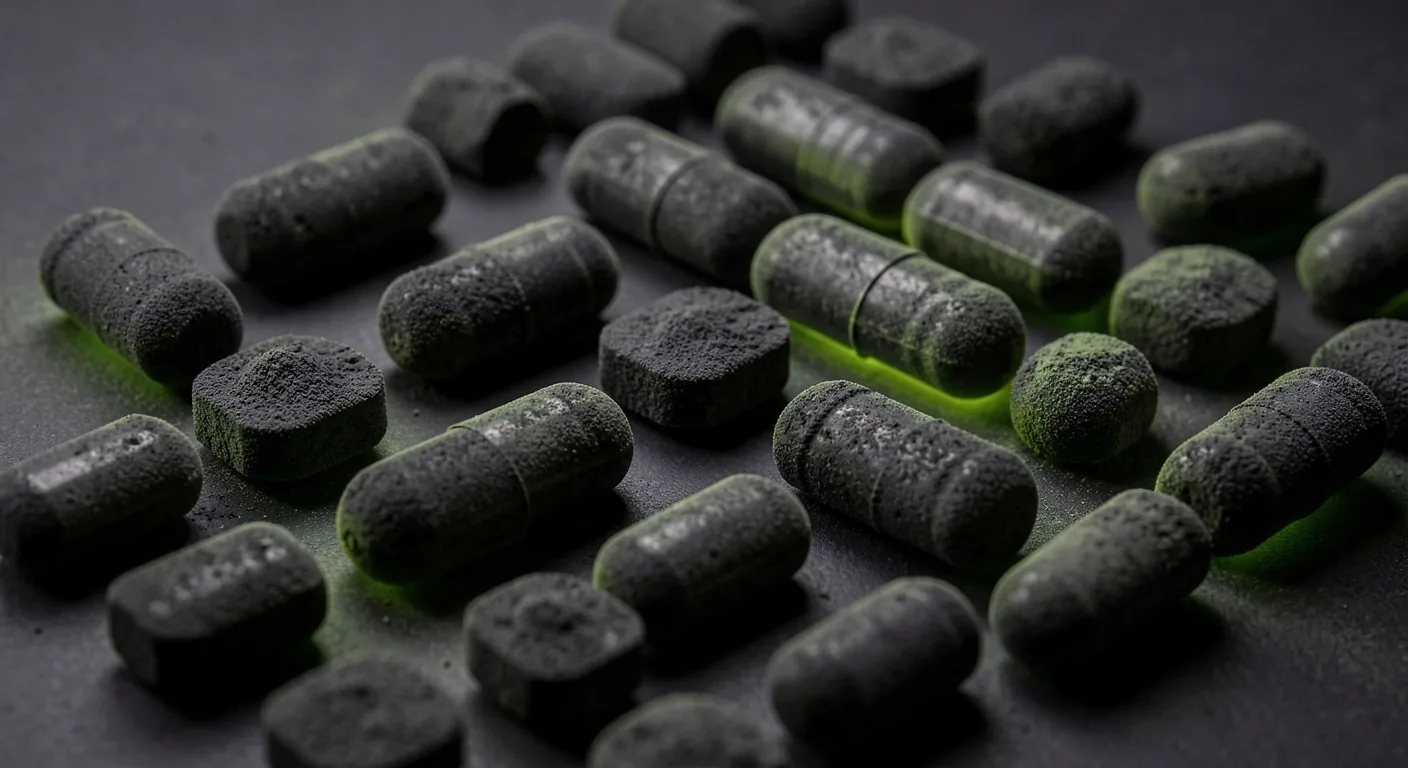 CoreMen daily vitamin complex capsules arranged in a precise geometric layout