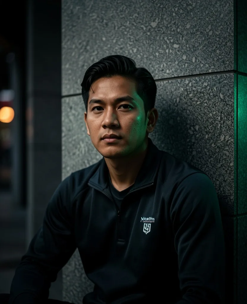 active man in low-key lighting against concrete wall